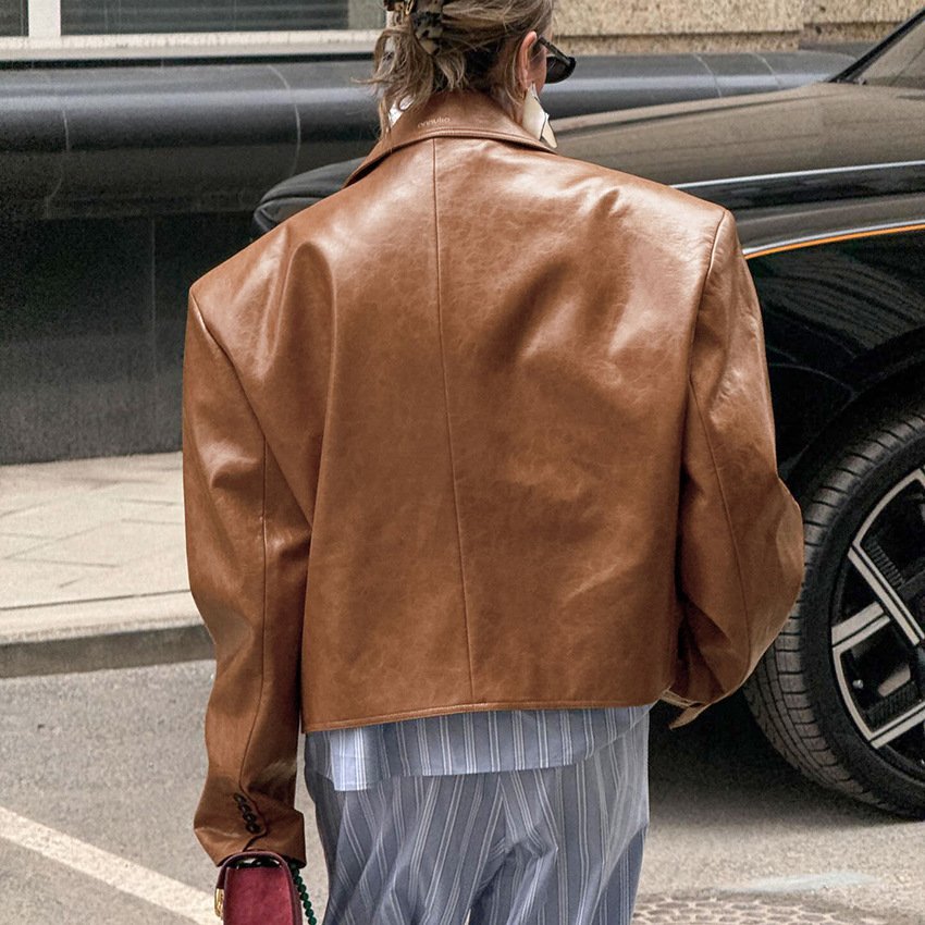 Suit collar leather jacket for women, design, temperament, fashionable commuting - Image 6