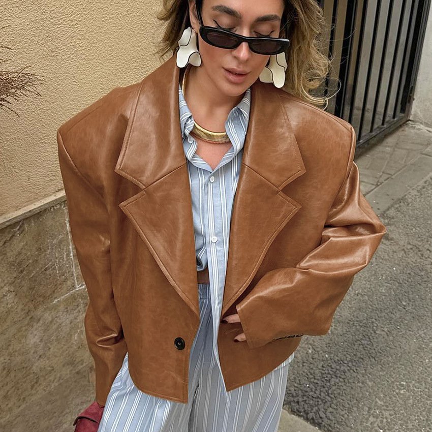 Suit collar leather jacket for women, design, temperament, fashionable commuting - Image 8