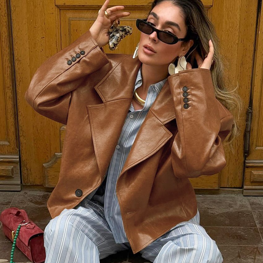 Suit collar leather jacket for women, design, temperament, fashionable commuting - Image 9