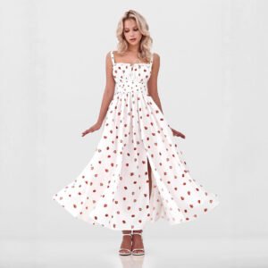 Floral suspender skirt low neck tie high waist slit high waist printed dress