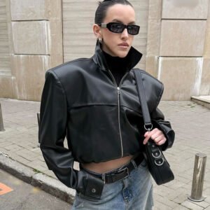Motorcycle style leather jacket, high collar leather jacket, stylish and stylish commuting design