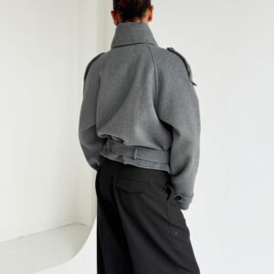 Double-breasted short coat, stylish strappy stand-collar jacket