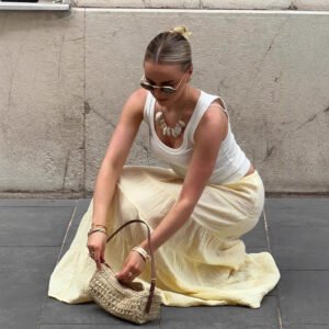 Yellow low-waisted cake skirt, relaxed and casual spliced long skirt