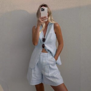 Cotton and linen vest and shorts suit commuter vest+shorts suit casual suit for women