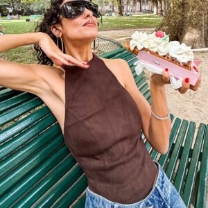 Suede halterneck vest, stylish brown inner top for women, fashion commuting