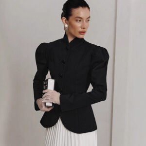 Elegant commuting puff sleeve small fragrant jacket for women Elegant retro stand-collar black small suit