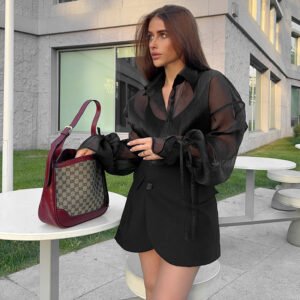 Fashion Sexy See-through Shirt Lapel Puff Sleeve Commuting Shirt Women