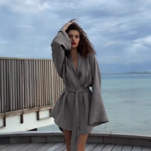 Cotton and linen robe dress, women's lace-up dress, casual and comfortable beach dress