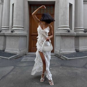 Spliced ruffled suspender long dress sexy slit slim long dress