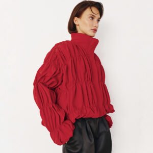 New Year's Design Smocked Stand Collar Coat Loose Fashionable Red Women's Top