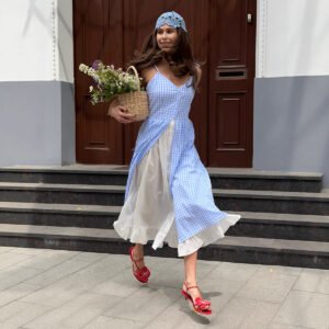 Blue plaid dress fake two piece single breasted patchwork suspender dress