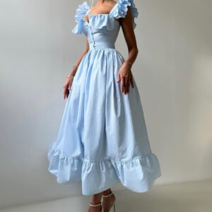 Striped dress, button cardigan, waist long skirt, flying sleeve dress for women