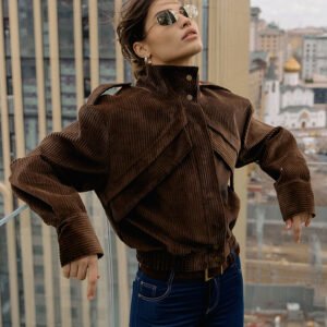 Winter motorcycle style brown jacket for women, design, temperament, casual corduroy jacket for commuting