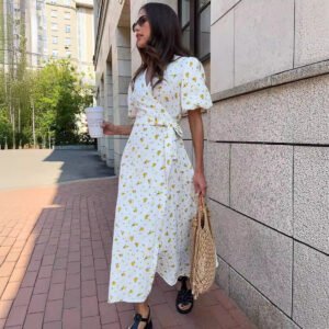 Pure cotton printed dress women's puff sleeve collar lace up short sleeve printed dress