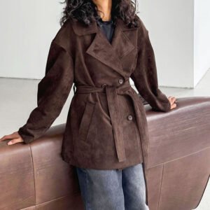 Retro brown suede jacket lace-up coat for women design sense temperament fashion year