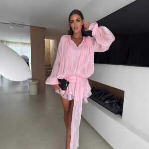 Chiffon long-sleeved dress, lantern sleeves, lace-up short skirt, ruffled dress