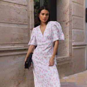 Short Sleeve Floral Dress Collar Right Shoulder High Waist Long Floral Dress