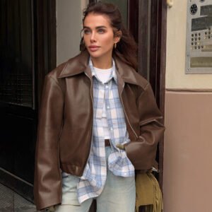 Angora red jacket leather motorcycle girl fashion jacket niche top women's temperament