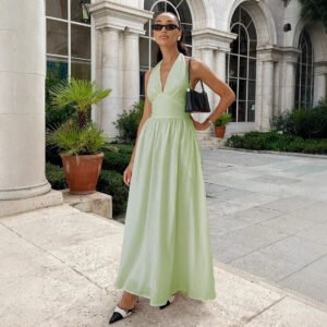 Pure cotton long dress spring waist collar strappy long dress wide swing dress for women