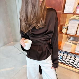 Elegant and fashionable women's shirt brown strappy long-sleeved slim design top