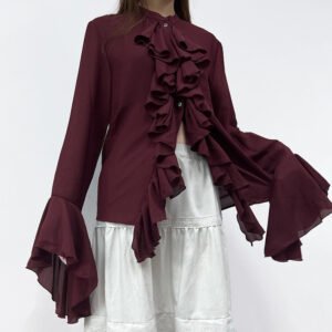 Designed ruffled long-sleeved shirt, elegant and high-end cardigan top for women