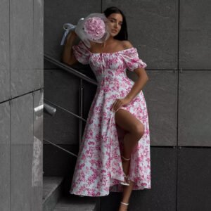 Off-shoulder floral dress short-sleeved tie-up printed slit dress