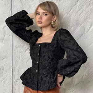 Jacquard Puff Sleeve Versatile Shirt Design Niche Square Neck Long Sleeve Top