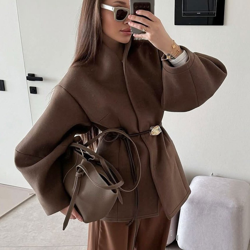 High-end brown waisted woolen jacket for women with stylish design and stylish style - Image 8
