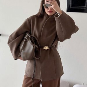 High-end brown waisted woolen jacket for women with stylish design and stylish style