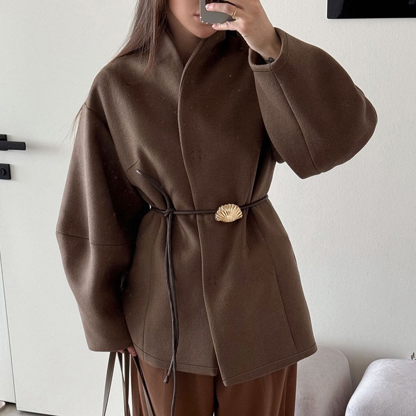 High-end brown waisted woolen jacket for women with stylish design and stylish style - Image 6