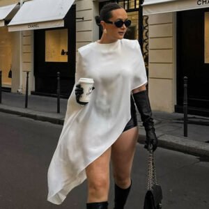 Asymmetrical short-sleeved shirt, satin imitation silk top for women, stylish and stylish design