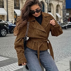 Suede waisted lace-up coat for women, retro commuter brown suit collar coat, high-end coat
