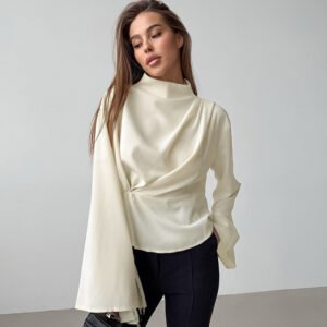 Fashion chiffon high-end slit women's shirt apricot waist long-sleeved top for women