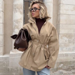 Autumn Barn style coat women's design mid-length simple casual loose waisted drawstring windbreaker