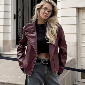 Fashionable Commuting Angora Red Leather Suit Collar Long Sleeve Coat Retro Leather Jacket Coat