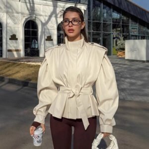 Atmospheric commuting versatile windbreaker fashion slim waist belted jacket for women