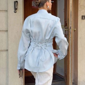 Lace-up waist cotton and linen ribbon shirt for women, stylish and elegant commuting style