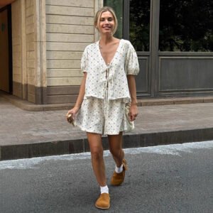 Pure cotton printed short-sleeved shorts set with straps and puff sleeves loose shorts
