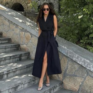 Sleeveless shirt dress, casual lapel tie waist dress