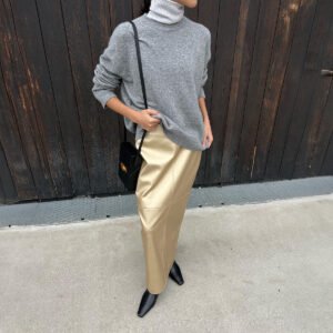 Leather skirt with slits and metallic glossy leather hip-covering skirt for women