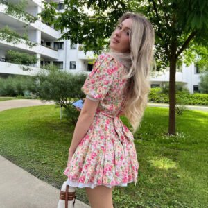 Baby doll collar printed short-sleeved dress puff-sleeved single-breasted mini dress for women