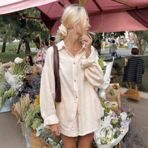 Solid color shirt suit double layer wrinkled casual long-sleeved shirt shorts suit