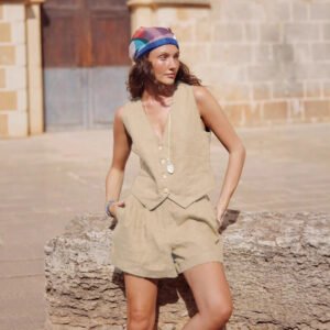 Cotton and linen vest shorts suit spring women's green vest shorts casual suit