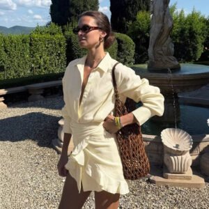 Shirt Dress Vacation Lazy Solid Color Lace-Up Hip Cover Shirt Dress