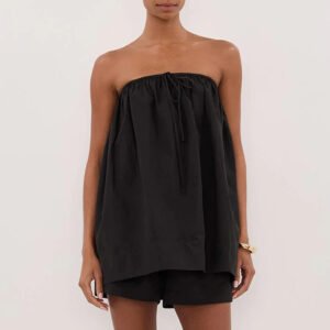 Tube top + shorts two-piece set Tube top pleated off-shoulder top and shorts set